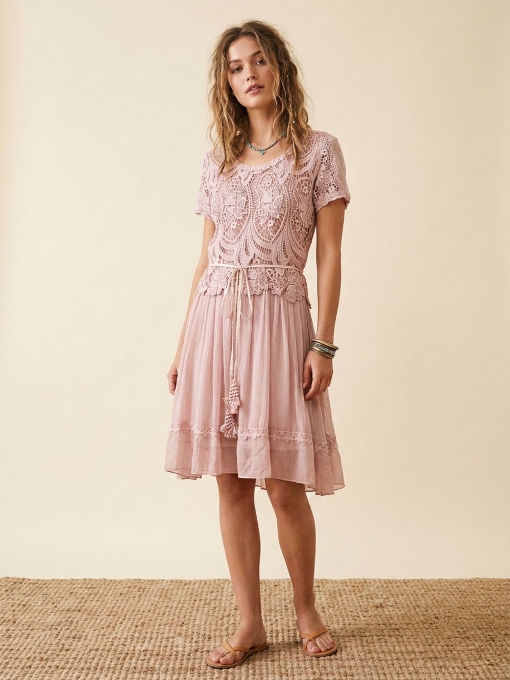 Pretty angel Dusty Pink Lace-Overlay Midi Dress